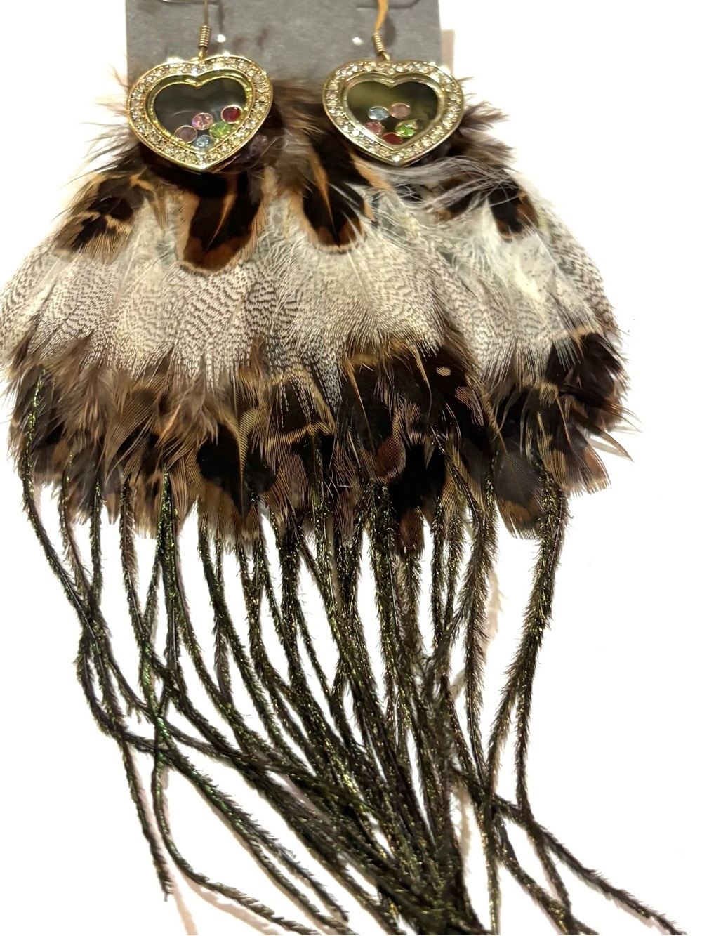 Feather Heart Drop Earrings with Beaded Accents - Brown